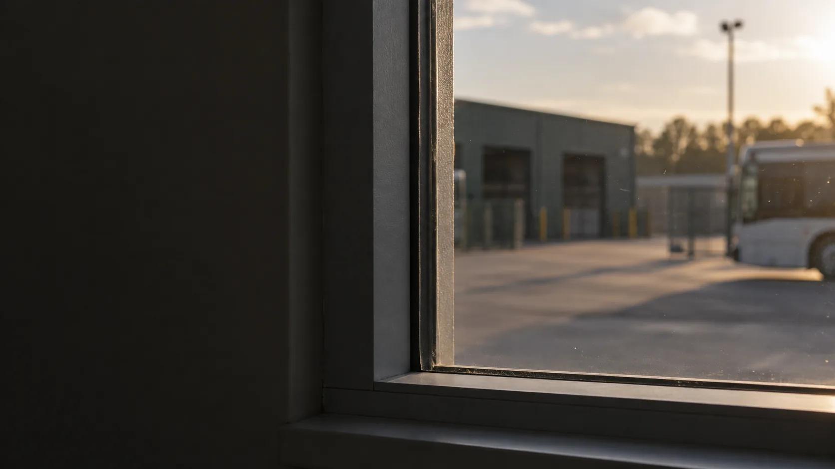 Blick aus einem Betriebshof-Büro durch ein Fenster auf den Hof, Bus in der Unschärfe