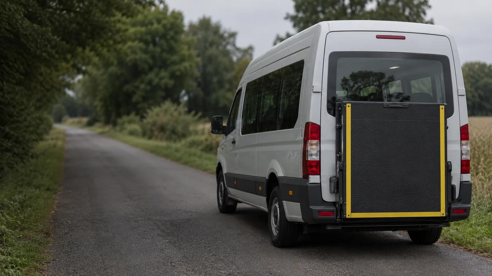 Kleinbus mit Hochdach und hochgeklappter Rollstuhlrampe am Heck auf einer Landstraße