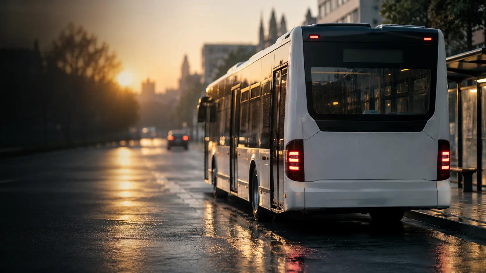 Stadtlinienbus an einer Haltestelle bei Sonnenaufgang, von schräg hinten